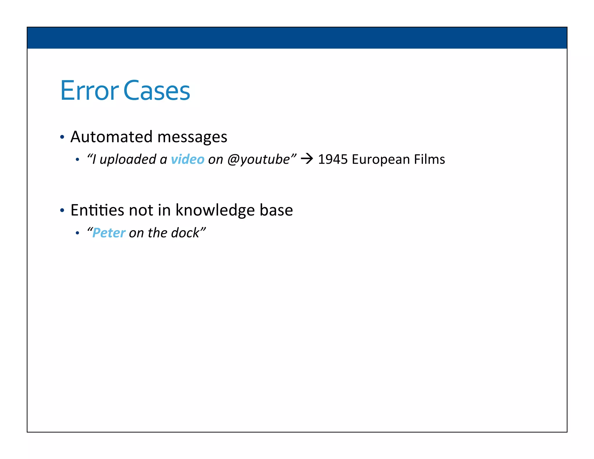 Error	
  Cases	
  
•  Automated	
  messages	
  
•  “I	
  uploaded	
  a	
  video	
  on	
  @youtube”	
  à	
  1945	
  European	
  Films	
  
•  En66es	
  not	
  in	
  knowledge	
  base	
  
•  “Peter	
  on	
  the	
  dock”	
  
 