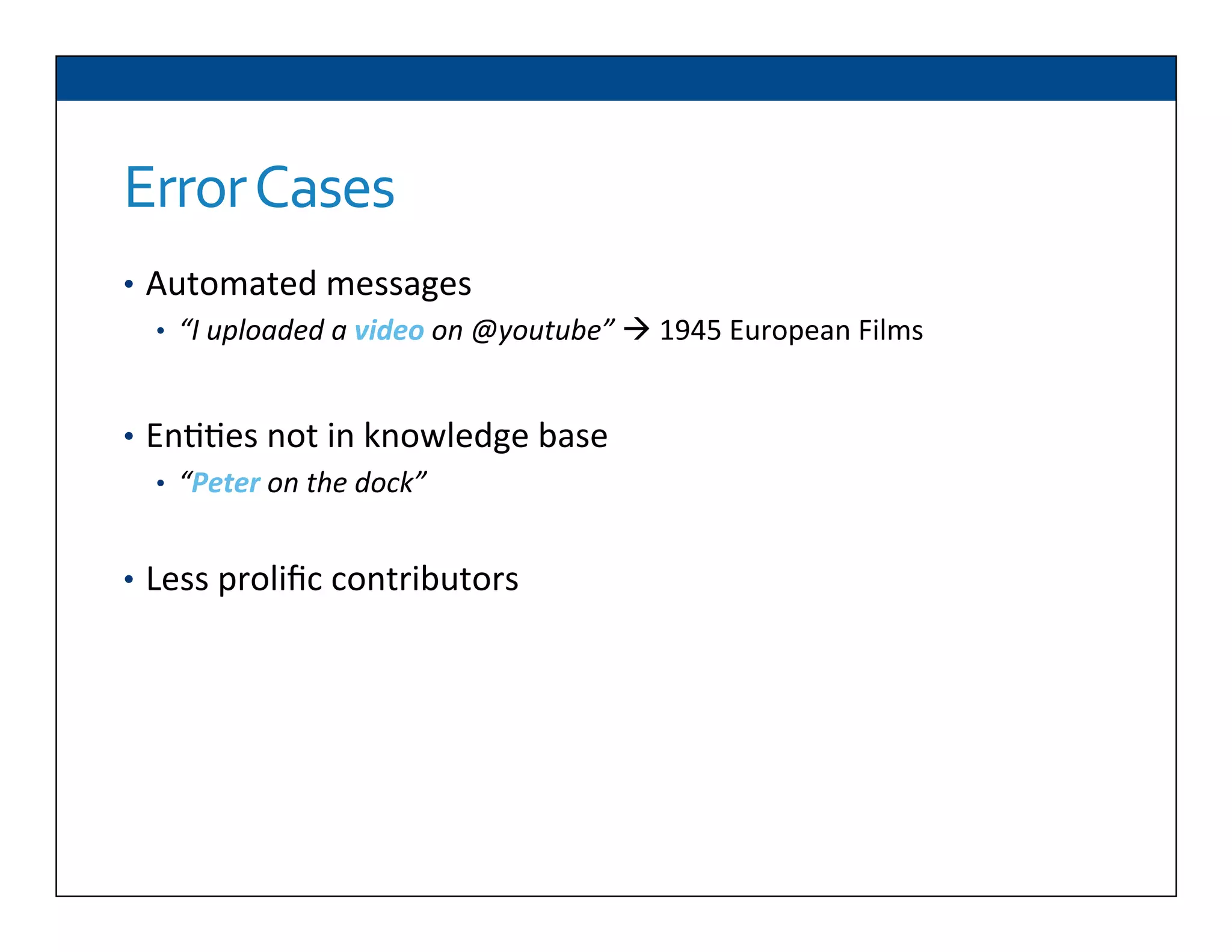 Error	
  Cases	
  
•  Automated	
  messages	
  
•  “I	
  uploaded	
  a	
  video	
  on	
  @youtube”	
  à	
  1945	
  European	
  Films	
  
•  En66es	
  not	
  in	
  knowledge	
  base	
  
•  “Peter	
  on	
  the	
  dock”	
  
•  Less	
  proliﬁc	
  contributors	
  
 