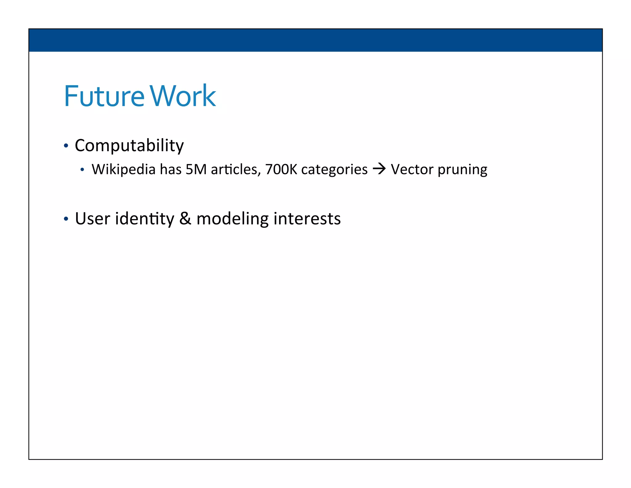 Future	
  Work	
  
•  Computability	
  
•  Wikipedia	
  has	
  5M	
  ar6cles,	
  700K	
  categories	
  à	
  Vector	
  pruning	
  
•  User	
  iden6ty	
  &	
  modeling	
  interests	
  
	
  
	
  
	
  
 