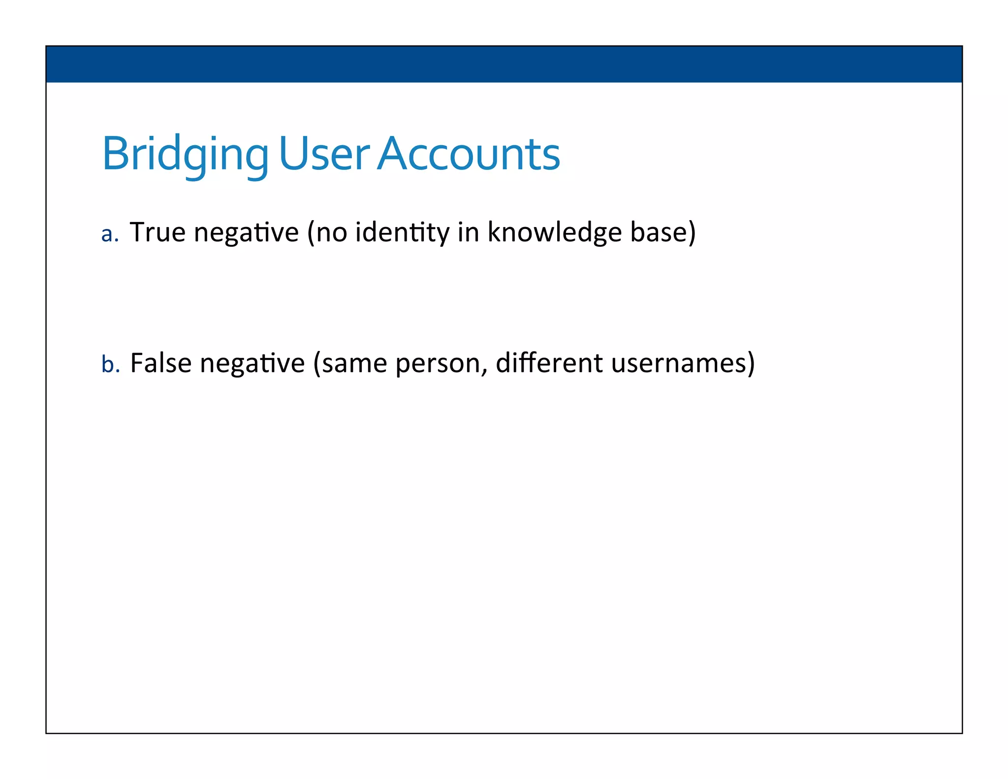 Bridging	
  User	
  Accounts
a.  True	
  nega6ve	
  (no	
  iden6ty	
  in	
  knowledge	
  base)	
  
	
  
	
  
b.  False	
  nega6ve	
  (same	
  person,	
  diﬀerent	
  usernames)	
  
 