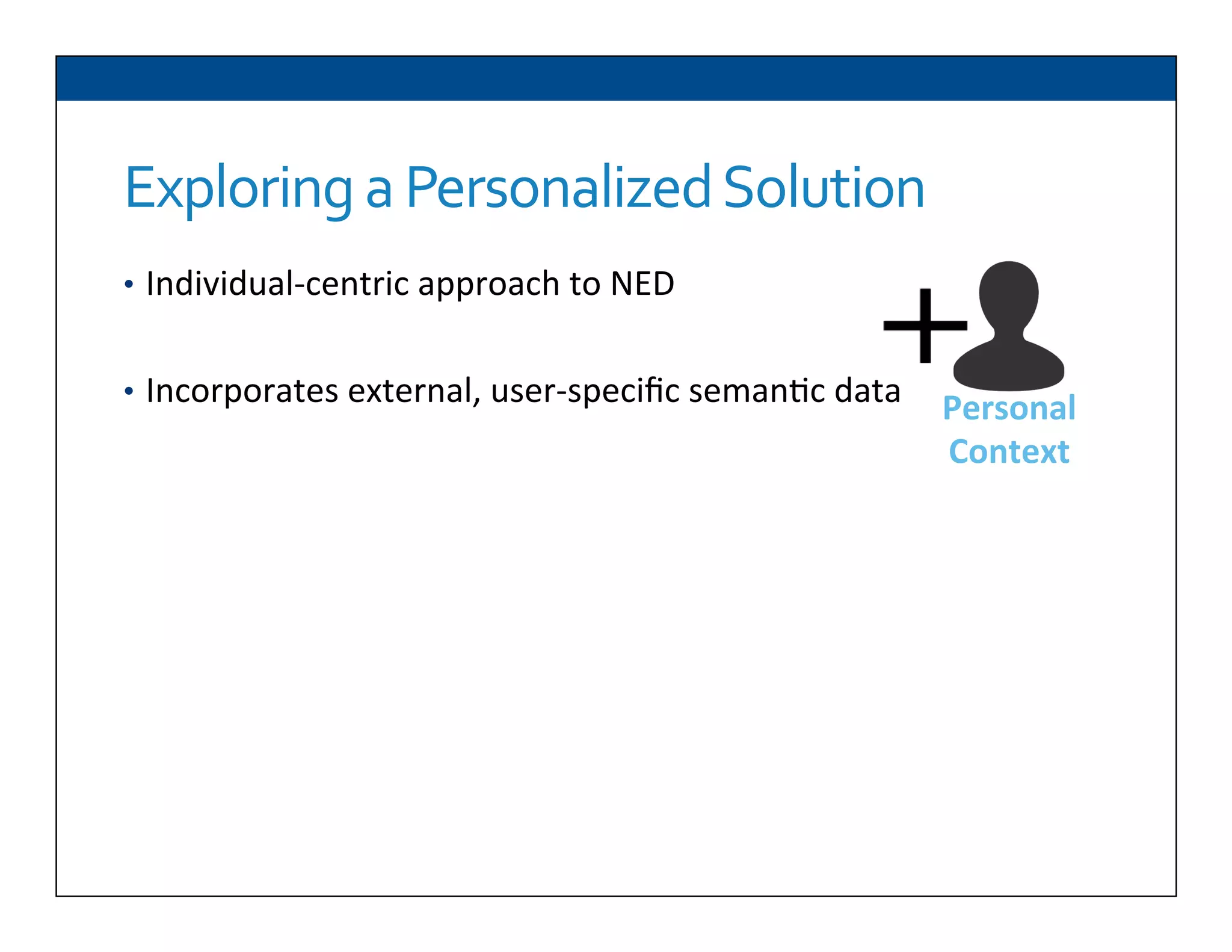 Exploring	
  a	
  Personalized	
  Solution	
  
•  Individual-­‐centric	
  approach	
  to	
  NED	
  
	
  
•  Incorporates	
  external,	
  user-­‐speciﬁc	
  seman6c	
  data	
   Personal	
  
Context	
  
 