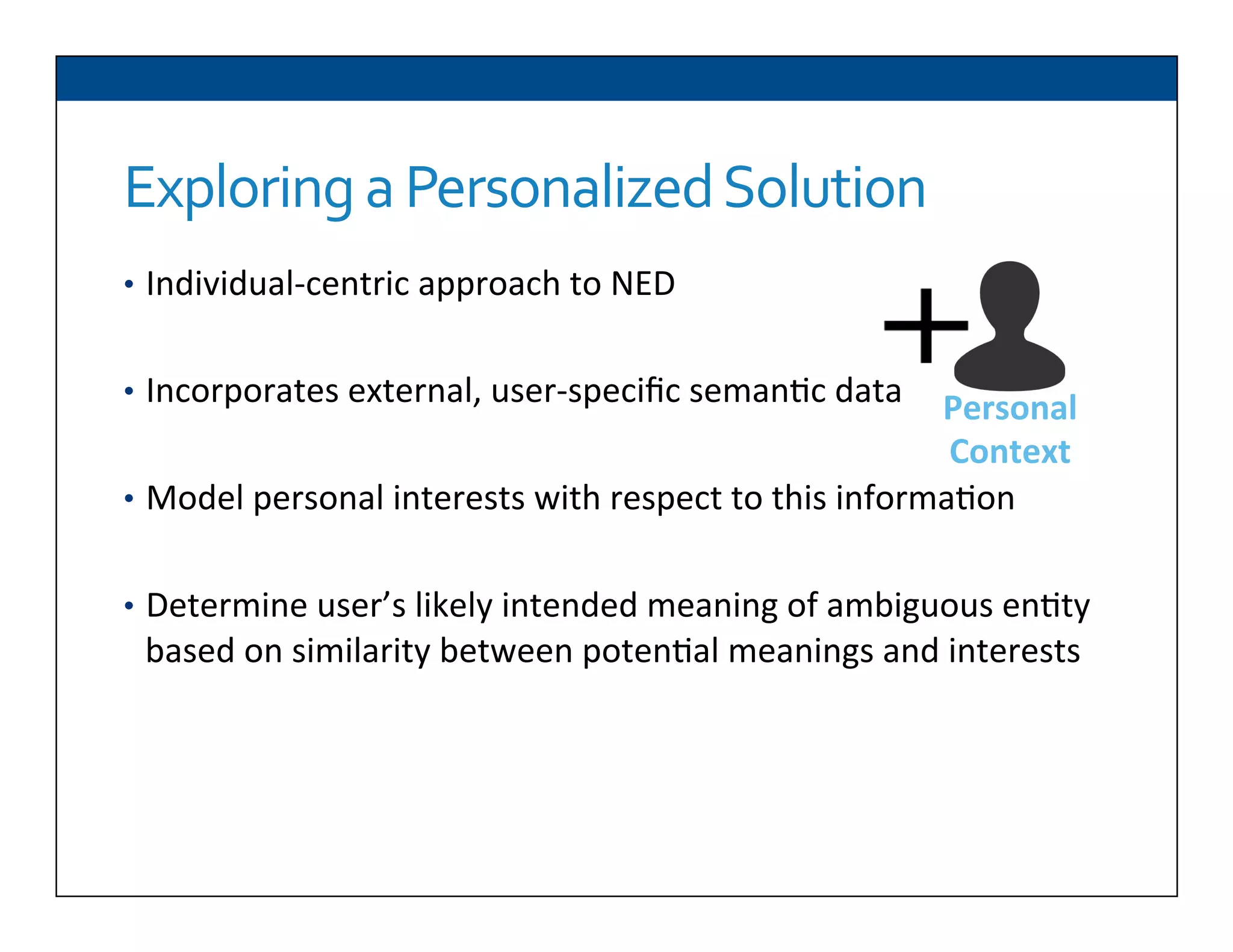 Exploring	
  a	
  Personalized	
  Solution	
  
•  Individual-­‐centric	
  approach	
  to	
  NED	
  
	
  
•  Incorporates	
  external,	
  user-­‐speciﬁc	
  seman6c	
  data	
  
•  Model	
  personal	
  interests	
  with	
  respect	
  to	
  this	
  informa6on	
  
•  Determine	
  user’s	
  likely	
  intended	
  meaning	
  of	
  ambiguous	
  en6ty	
  
based	
  on	
  similarity	
  between	
  poten6al	
  meanings	
  and	
  interests	
  
Personal	
  
Context	
  
 