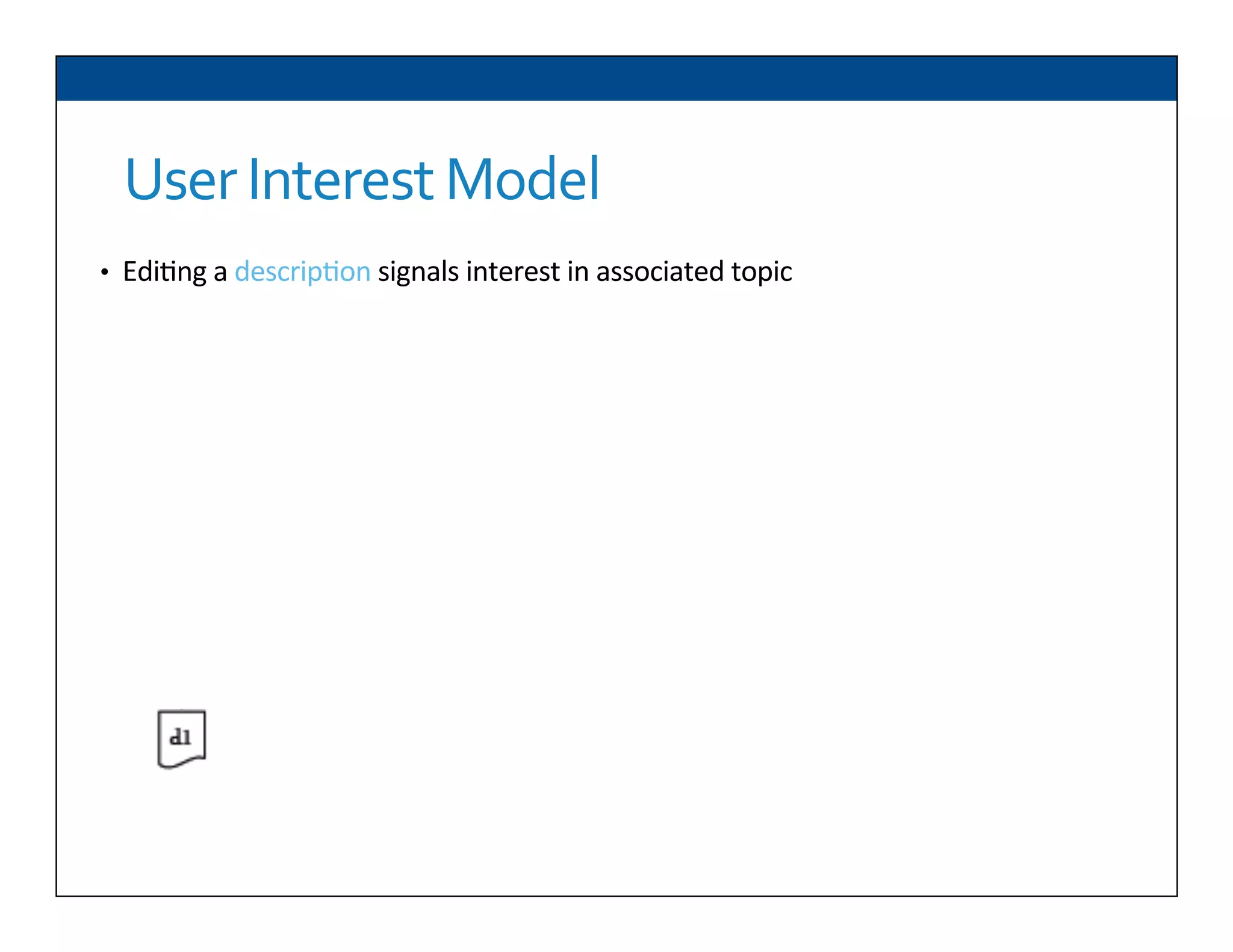 User	
  Interest	
  Model	
  
•  Edi6ng	
  a	
  descrip6on	
  signals	
  interest	
  in	
  associated	
  topic	
  
	
  	
  
	
  	
  
	
  	
  
 