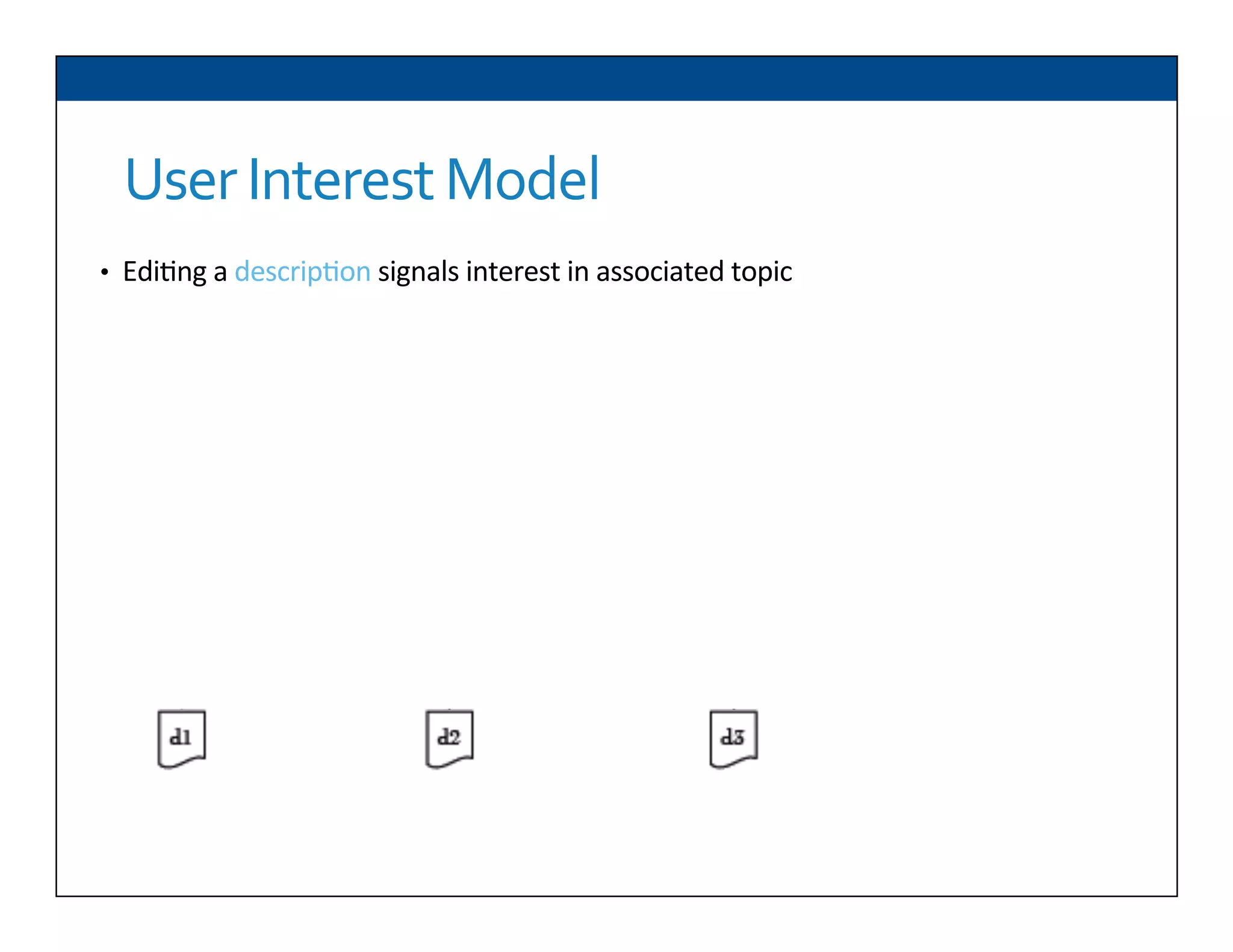 User	
  Interest	
  Model	
  
•  Edi6ng	
  a	
  descrip6on	
  signals	
  interest	
  in	
  associated	
  topic	
  
	
  	
  
	
  	
  
	
  	
  
 