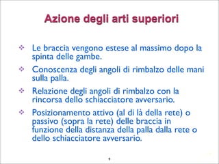 14
Azione degli arti superiori
 Le braccia vengono estese al massimo dopo la
spinta delle gambe.
 Conoscenza degli angoli di rimbalzo delle mani
sulla palla.
 Relazione degli angoli di rimbalzo con la
rincorsa dello schiacciatore avversario.
 Posizionamento attivo (al di là della rete) o
passivo (sopra la rete) delle braccia in
funzione della distanza della palla dalla rete o
dello schiacciatore avversario.
9
 