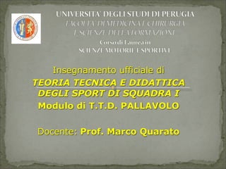 Insegnamento ufficiale di
TEORIA TECNICA E DIDATTICA
DEGLI SPORT DI SQUADRA I
Modulo di T.T.D. PALLAVOLO
Docente: Prof. Marco Quarato
 