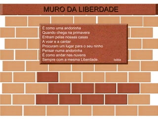 MURO DA LIBERDADE É como uma andorinha Quando chega na primavera Entram pelas nossas casas A voar e a cantar Procuram um lugar para o seu ninho Pensar numa andorinha É como andar nas nuvens Sempre com a mesma Liberdade.  Isilda 