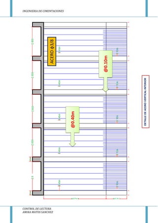 INGENIERIA DE CIMENTACIONES
CONTROL DE LECTURA
AMIRA MATOS SANCHEZ
DETALLEDEACEROVERTICALINTERIOR
@0.10m
@0.40m
ACEROφ3/8
 