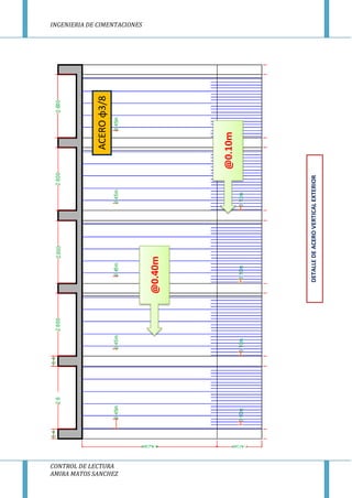 INGENIERIA DE CIMENTACIONES
CONTROL DE LECTURA
AMIRA MATOS SANCHEZ
@0.10m
@0.40m
ACEROφ3/8
DETALLEDEACEROVERTICALEXTERIOR
 