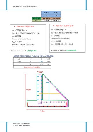 INGENIERIA DE CIMENTACIONES
CONTROL DE LECTURA
AMIRA MATOS SANCHEZ
W*L
2
W*L
2
12 24
W (kg/m) M1 (kg.m) M2 (kg.m)
5732 3229,03 1614,51
ACERO TRANSVERSAL PARA UN BUEN ACOMODO:
As = 6 cm2
ø1/2 = 1.27 cm2
S = 21.17 cm
Se utilizara ø1/2 @20cm
 Para Mu = 3229.03 kg-m
2
min
3229.03
3229.03 100 /100 50 1.29
0.00034
:
0.0012
0.0012 50 100 6 2
Mu kg m
Ku
Usamos el aceromínimo
As cm


 
   


   
Se coloca un acero de 1/2 @0.20m
 Para Mu = 3229.03 kg-m
2
min
1614.51
1614.51 100 /100 50 0.65
0.00017
:
0.0012
0.0012 50 100 6 2
Mu kg m
Ku
Usamos el aceromínimo
As cm


 
   


   
Se coloca un acero de 1/2 @0.20m
 