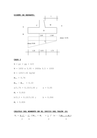 DISEÑO DE REPARTO:
CASO I
W = pr + pp + S/C
W = 1650 x 5.95 + 2400x 0.5 + 1000
W = 12017.50 kg/m2
σmin = 0.76
σmax - σmin = 0.10
a/1.75 = 0.10/3.50 ; a = 0.05
σa = 0.810
b/2.3 = 0.10/3.50 ; b = 0.066
σb = 0.826
CÁLCULO DEL MOMENTO EN EL INICIO DEL TALÓN (D)
1.20 0.55 1.75
2.05 1.545
a
σmax=0.86
C
D
l
E
B
A
W
σmin = 0.76
MD = W l2
– l2
(2σmin + σa = 1 l2
(w – 2(σmin + σa))
2 6 2 6
 