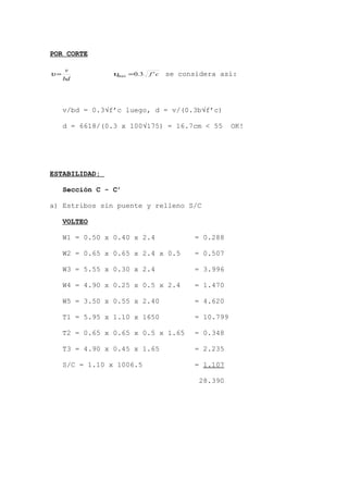 POR CORTE
bd
v
=υ cfmax '3.0=υ se considera así:
v/bd = 0.3√f’c luego, d = v/(0.3b√f’c)
d = 6618/(0.3 x 100√175) = 16.7cm < 55 OK!
ESTABILIDAD:
Sección C - C’
a) Estribos sin puente y relleno S/C
VOLTEO
W1 = 0.50 x 0.40 x 2.4 = 0.288
W2 = 0.65 x 0.65 x 2.4 x 0.5 = 0.507
W3 = 5.55 x 0.30 x 2.4 = 3.996
W4 = 4.90 x 0.25 x 0.5 x 2.4 = 1.470
W5 = 3.50 x 0.55 x 2.40 = 4.620
T1 = 5.95 x 1.10 x 1650 = 10.799
T2 = 0.65 x 0.65 x 0.5 x 1.65 = 0.348
T3 = 4.90 x 0.45 x 1.65 = 2.235
S/C = 1.10 x 1006.5 = 1.107
28.390
 