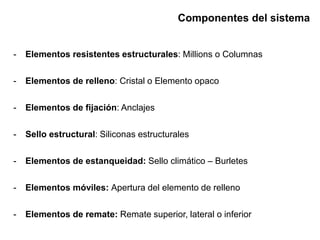 Componentes del sistema
- Elementos resistentes estructurales: Millions o Columnas
- Elementos de relleno: Cristal o Elemento opaco
- Elementos de fijación: Anclajes
- Sello estructural: Siliconas estructurales
- Elementos de estanqueidad: Sello climático – Burletes
- Elementos móviles: Apertura del elemento de relleno
- Elementos de remate: Remate superior, lateral o inferior
 