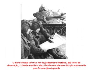 O muro contava com 66,5 km de gradeamento metálico, 302 torres de observação, 127 redes metálicas electrificadas com alarme e 255 pistas de corrida para ferozes cães de guarda 