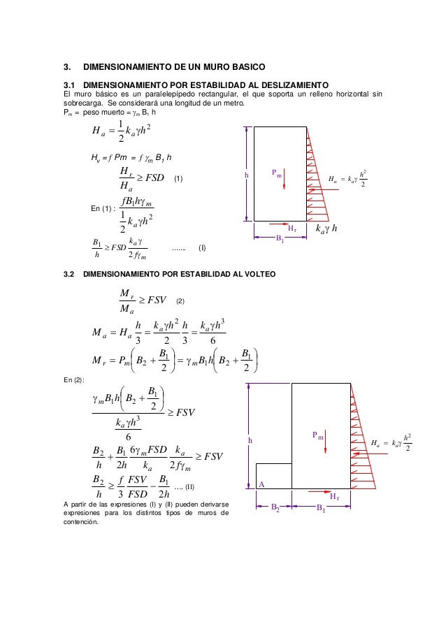 3. DIMENSIONAMIENTO DE UN MURO BASICO
3.1 DIMENSIONAMIENTO POR ESTABILIDAD AL DESLIZAMIENTO
El muro básico es un paralelep...
