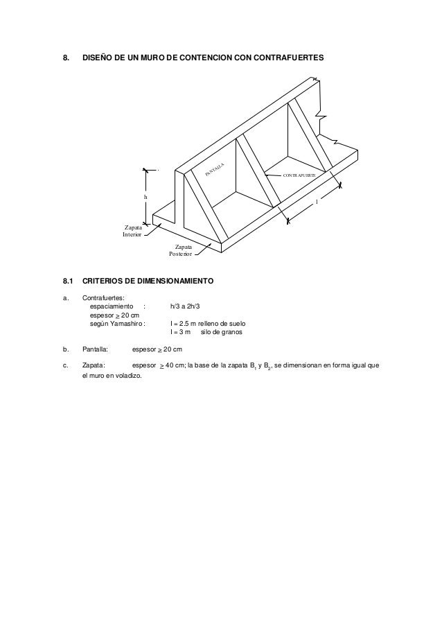 8. DISEÑO DE UN MURO DE CONTENCION CON CONTRAFUERTES
8.1 CRITERIOS DE DIMENSIONAMIENTO
a. Contrafuertes:
espaciamiento : h...