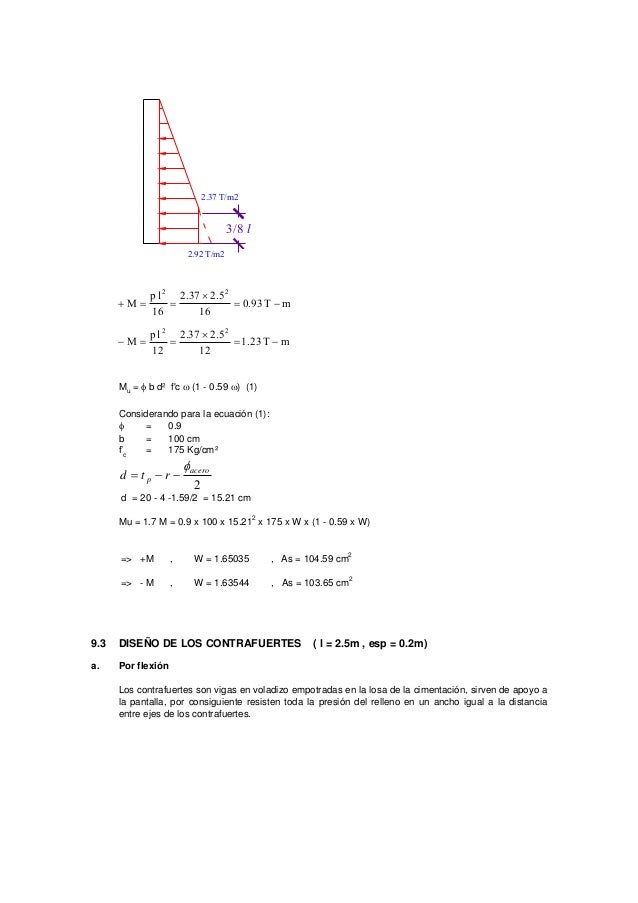 Mu
= φ b d² f'c ω (1 - 0.59 ω) (1)
Considerando para la ecuación (1):
φ = 0.9
b = 100 cm
f’c
= 175 Kg/cm²
2
acero
p rtd
φ
...
