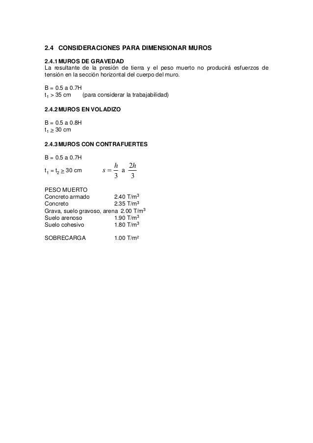 2.4 CONSIDERACIONES PARA DIMENSIONAR MUROS
2.4.1MUROS DE GRAVEDAD
La resultante de la presión de tierra y el peso muerto n...