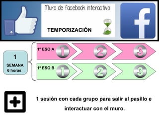 1 sesión con cada grupo para salir al pasillo e
interactuar con el muro.
1
SEMANA
1º ESO A
1º ESO B
6 horas
TEMPORIZACIÓN
 