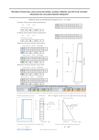 DISEÑO DE MURO DE CONTENCION EN VOLADIZO TIPO III - H=3.50M
“REHABILITACION DEL LOCAL ESCOLAR DANIEL ALCIDES CARRION, DISTRITO DE ACHOMA-
PROVINCIA DE CAYLLOMA-REGIÓN AREQUIPA”
El refuerzo vertical interior estara constituido por
As= cm2 Ø 3/8" 1/2" 5/8" 3/4" 7/8" 1"
area 0.71 1.27 1.98 2.85 3.88 5.07
Distribucion de acero s 7.3 13 20 29 40 52
Ø 5/8" @ m
El refuerzo vertical exterior estara constituido por
As= cm2 Ø 3/8" 1/2" 5/8" 3/4" 7/8" 1"
area 0.71 1.27 1.98 2.85 3.88 5.07
Distribucion de acero s 14 24 38 54 74 97
Ø 1/2" @ m
Distribucion del acero horizontal: tramo superior 0.25 m
5.0 cm2
Ø 3/8" 1/2" 5/8" 3/4" 7/8" 1"
s 14 25 40 57 78 101
Ø 1/2" @ m m
2.5 cm2
Ø 3/8" 1/2" 5/8" 3/4" 7/8" 1"
s 28 51 79 114 155 203
Ø 3/8" @ m 3.10 m
Distribucion del acero horizontal: tramo inferior
5.8 cm2
Ø 3/8" 1/2" 5/8" 3/4" 7/8" 1"
s 12 22 34 49 67 87 m
Ø 1/2" @ m
2.9 cm2
Ø 3/8" 1/2" 5/8" 3/4" 7/8" 1"
s 24 44 68 98 133 174
Ø 3/8" @ m 0.35 m
Capa Exterior Ø 1/2" @ m Capa Exterior Ø 1/2" @ m
Capa Interior Ø 3/8" @ m Capa Interior Ø 3/8" @ m
El corte de acero se realizara de acuerdo a un analisis de equilibrio del acero de la pantalla y los esfuerzos actuantes en el muro
Presiones producidas en el muro
Ca*hs*w Presion de terreno
x/2
kg/m Ca*Ht*w= kg/m
La distancia de corte del acero de refuerzo será: El acero vertical de la pantalla esta dado por:
x = 3.65 m Ø 5/8"
dc = 0.00 m No se requiere corte de acero
545.845 1910.967
x x
Ca*hs*w*x
Tramo inferior
0.25
0.20
0.25
x/3
Sobrecarga
0.5*Ca*w*x2
5.25
0.25
Uniformizamos el acero horizontal de la siguiente manera
0.30
0.20
0.25
0.20
Tramo superior
1.395
1.705
0.30
0.25
Acero exterior - 2/3 As:
Acero interior - 1/3 As:
Parte
interior
Parte
exterior
Acero exterior - 2/3 As:
Acero interior - 1/3 As:
Tramo
inferior
Tramo
superior
9.70
0.20
1.7 ∗ ∗ ∗ ∗ ∗ ℎ ∗ 0.9 ∗ ∗ ∗
 
