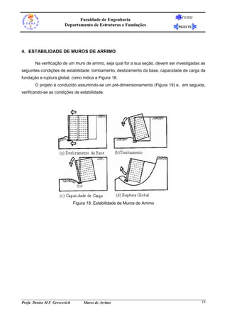 FEUERJ
                              Faculdade de Engenharia
                       Departamento de Estruturas e Fundações                    PGECIV




4. ESTABILIDADE DE MUROS DE ARRIMO

       Na verificação de um muro de arrimo, seja qual for a sua seção, devem ser investigadas as
seguintes condições de estabilidade: tombamento, deslizamento da base, capacidade de carga da
fundação e ruptura global, como indica a Figura 18.
       O projeto é conduzido assumindo-se um pré-dimensionamento (Figura 19) e, em seguida,
verificando-se as condições de estabilidade.




                              Figura 18. Estabilidade de Muros de Arrimo




Profa Denise M S Gerscovich        Muros de Arrimo                                            19
 