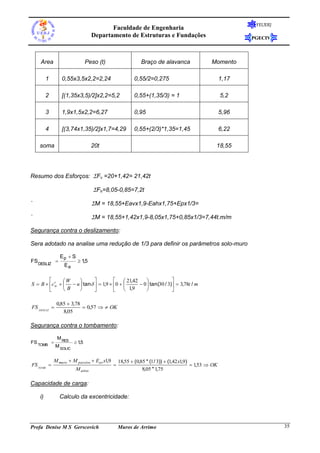 FEUERJ
                                         Faculdade de Engenharia
                                  Departamento de Estruturas e Fundações                                     PGECIV




    Area                       Peso (t)                     Braço de alavanca                   Momento

         1       0,55x3,5x2,2=2,24                       0,55/2=0,275                                 1,17

         2       [(1,35x3,5)/2]x2,2=5,2                  0,55+(1,35/3) = 1                            5,2

         3       1,9x1,5x2,2=6,27                        0,95                                         5,96

         4       [(3,74x1,35)/2]x1,7=4,29                0,55+(2/3)*1,35=1,45                         6,22

    soma                          20t                                                             18,55




Resumo dos Esforços: Fv =20+1,42= 21,42t

                                  Fh=8,05-0,85=7,2t

`                                 M = 18,55+Eavx1,9-Eahx1,75+Epx1/3=

`                                 M = 18,55+1,42x1,9-8,05x1,75+0,85x1/3=7,44t.m/m

Segurança contra o deslizamento:

Sera adotado na analise uma redução de 1/3 para definir os parâmetros solo-muro

                Ep  S
FS DESLIZ                15
                            ,
                  Ea

              W                        21,42                 
S  B  c     u  tan   1,9  0  
           w                                        0  tan(30 / 3)  3,78t / m
               B                        1,9                  

              0,85  3,78
FS DESLIZ                 0,57   OK
                 8,05

Segurança contra o tombamento:

              M RES
FS TOMB                 15
                           ,
              M SOLIC


             M muro  M passivo  Eav x1,9       18,55  (0,85 * (1 / 3))  (1,42 x1,9)
FS TOMB                                                                                1,53  OK
                        M ativo                              8,05 * 1,75

Capacidade de carga:

    i)         Calculo da excentricidade:




Profa Denise M S Gerscovich                      Muros de Arrimo                                                       35
 