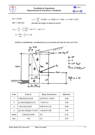 FEUERJ
                                       Faculdade de Engenharia
                                Departamento de Estruturas e Fundações                         PGECIV




   Fv = 21,42t                                  M
                                         e'        = 0,35m  e =(b/2)- e' = 0,6m  e > b/6 = 0,32 !
                                                 Fv
   M = 7,44t.m/m                       (tensões de tração na base do muro!)

              2.V    2  21,42
     max                     40tf / m 2  4kgf / cm 2
              3.e'   3  0,35

                qmax        2
         FS                 0,5  OK
                 max       4



         Verificar a estabilidade, considerando-se um aumento da base do muro em 0,4m




    Area                     Peso (t)                  Braço de alavanca         Momento

     1          0,55x3,5x2,2=2,24                   0,275+0,4 = 0,675              2,86

     2          [(1,35x3,5)/2]x2,2=5,2               1+0,4=1,4                     7,28

     3          1,9x1,5x2,2=6,27                    0,95+0,4=1,35                  8,46

     4          [(3,74x1,35)/2]x1,7=4,29            1,45+0,4=1,85                  7,94

   dente                0,4x1x2,2=0,88              0,2                            0,18

    Eav                        1,42                 2,3                            3,27



Profa Denise M S Gerscovich                 Muros de Arrimo                                               36
 