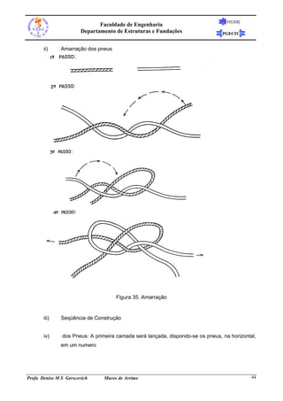 FEUERJ
                              Faculdade de Engenharia
                       Departamento de Estruturas e Fundações                   PGECIV


       ii)     Amarração dos pneus




                                     Figura 35. Amarração


       iii)    Seqüência de Construção


       iv)     dos Pneus: A primeira camada será lançada, dispondo-se os pneus, na horizontal,
               em um numero




Profa Denise M S Gerscovich     Muros de Arrimo                                             44
 