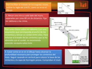 Para facilitar el trazado de los ángulos rectos, 
 utilizar la regla del 3/4/5/, como se ve en el 
 dibujo.

2. Hincar una mira a cada lado del muro, 
separadas por unos 80 cm de distancia. Fijar 
los tablones a las miras.


Fijar unos clavos sobre los tablones (con una 
separación que corresponda al ancho de los 
cimientos) y tensar un cordel entre ellos. Para 
reforzar el trazado de los cimientos que se ha 
obtenido con el cordel, se recomienda 
extender escayola sobre éste.


3. Cavar como se ve en el dibujo hasta alcanzar la 
profundidad necesaria para proteger los cimientos del 
hielo. Seguir cavando en vertical para colocar la base de los 
cimientos y la capa de hormigón previa. Comprobar el nivel.
 
