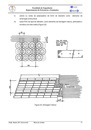 Faculdade de Engenharia
Departamento de Estruturas e Fundações
ii)

arame ou corda de polipropileno de 6mm de diametro como

FEUERJ

PGECIV

elemento de

amarração entre pneus
iii)

tubos PVC de 2pol de diâmetro, como elemento de drenagem interna, perfurados e
envoltos com tela malha (Figura 32)

Figura 32. Drenagem interna

Profa Denise M S Gerscovich

Muros de Arrimo

42

 