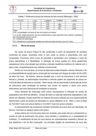 FEUERJ

Faculdade de Engenharia
Departamento de Estruturas e Fundações

PGECIV

Tabela 1. Parâmetros típicos de misturas de solo-cimento (Marangon, 1992)
C/S (%)
0
5
7
8

 (%)
14,1
12,9
13,3
12,7

d (kN/m )
17,2
17,8
18,0
18,0
3

E (MPa)
-405
767
921

r (kPa)
-1177
1771
2235

Nota:
C/S = porcentagem em peso do teor de cimento na mistura

 e d são, respectivamente, teor de umidade ótima e peso específico seco máximo, resultados
de compactação proctor normal
E = módulo de elasticidade

r = resistência à compressão simples da mistura de solo-cimento (cura de 7 dias)
2.1.5.

Muros de pneus

Os muros de pneus (Figura 8) são construídos a partir do lançamento de camadas
horizontais de pneus, amarrados entre si com corda ou arame e preenchidos com solo
compactado. Funcionam como muros de gravidade e apresentam com vantagens o reuso de
pneus descartados e a flexibilidade. A utilização de pneus usados em obras geotécnicas
apresenta-se como uma solução que combina a elevada resistência mecânica do material com o
baixo custo, comparativamente aos materiais convencionais.
Sendo um muro de peso, os muros de solo-pneus estão limitados a alturas inferiores a 5m
e à disponibilidade de espaço para a construção de uma base com largura da ordem de 40 a 60%
da altura do muro. No entanto, deve-se ressaltar que o muro de solo-pneus é uma estrutura
flexível e, portanto, as deformações horizontais e verticais podem ser superiores às usuais em
muros de peso de alvenaria ou concreto. Assim sendo, não se recomenda a construção de muros
de solo-pneus para contenção de terrenos que sirvam de suporte a obras civis pouco
deformáveis, tais como estruturas de fundações ou ferrovias.
Como elemento de amarração entre pneus, recomenda-se a utilização de cordas de
polipropileno com 6mm de diâmetro. Cordas de náilon ou sisal são facilmente degradáveis e não
devem ser utilizadas. O peso específico do material solo-pneus utilizado em muro experimental foi
determinado a partir de ensaios de densidade no campo (Medeiros et al.; 1997), e varia na faixa
de 15,5 kN/m3 (solo com pneus inteiros) a 16,5 kN/m3 (solo com pneus cortados).
O posicionamento das sucessivas camadas horizontais de pneus deve ser descasado, de
forma a minimizar os espaços vazios entre pneus.
A face externa do muro de pneus deve ser revestida, para evitar não só o carreamento ou
erosão do solo de enchimento dos pneus, como também o vandalismo ou a possibilidade de
incêndios. O revestimento da face do muro deverá ser suficientemente resistente e flexível, ter
boa aparência e ser de fácil construção. As principais opções de revestimento do muro são
Profa Denise M S Gerscovich

Muros de Arrimo

8

 