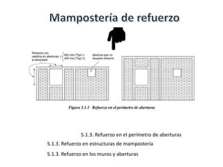 5.1.3. Refuerzo en el perímetro de aberturas
5.1.3. Refuerzo en estructuras de mampostería
5.1.3. Refuerzo en los muros y aberturas
 
