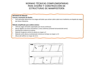 MÉTODOS DE ANÁLISIS
Fuerzas y momentos de diseño:
• Será admisible determinar las cargas verticales que actúan sobre cada muro mediante una bajada de cargas
por áreas tributarias.
Método simplificado para análisis sísmico:
• 75% de cargas verticales soportadas por muros continuos
• Muros ligados con losas monolíticas u otros sistemas (cortante horizontal del sismo)
• Distribución simétrica en planta.
• Relación longitud y ancho en planta no mayor a 2
• Relación entre altura y la dimensión mínima en la base no mayor a 1.5
• Altura del edificio no mayor de 13 m
NORMAS TÉCNICAS COMPLEMENTARIAS
PARA DISEÑO Y CONSTRUCCIÓN DE
ESTRUCTURAS DE MAMPOSTERÍA
 