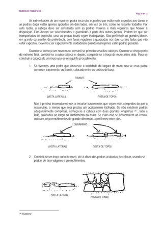 MUROS DE PEDRA SECA
                                                                                                 Pág. 30 de 32


        As extremidades de um muro em pedra seca são as partes que estão mais expostas aos danos e
as pedras daqui estão apenas apoiadas em dois lados, em vez de três, como no restante trabalho. Por
esta razão, a cabeça deve ser construída com as pedras maiores e mais regulares que houver à
disposição. Elas devem ser seleccionadas e guardadas à parte das outras pedras. Podem ter que ser
transportadas de propósito, caso as pedras locais sejam inadequadas. São preferíveis os grandes blocos
em granito ou arenito, de preferência, com faces regulares e quadradas nos dois ou três lados que vão
estar expostos. Devemos ser especialmente cuidadosos quando manejamos estas pedras pesadas.

        Quando se começa um novo muro, constrói-se primeiro uma das cabeças. Quando se chega perto
do extremo final, constrói-se a outra cabeça e, depois, completa-se o troço de muro antes dela. Para se
construir a cabeça de um muro usa-se o seguinte procedimento:

            1. Se tivermos uma pedra que atravesse a totalidade da largura do muro, usa-se essa pedra
               como um travamento, ou tirante, colocado entre as pedras de base.

                                                 TIRANTE




                            (VISTA LATERAL)                       (VISTA DE TOPO)

                  Não é preciso incomodarmo-nos a encurtar travamentos que sejam mais compridos do que o
                  necessário, a menos que seja preciso um acabamento inclinado. Se não existirem pedras
                  adequadamente compridas, começa-se a cabeça com duas grandes longarinas 24 , lado a
                  lado, colocadas ao longo do alinhamento do muro. Se estas não se encontrarem ao centro,
                  colocam-se preenchimentos de grande dimensão, bem firmes entre elas.
                                                LONGARINAS




                             (VISTA LATERAL)                   (VISTA DE TOPO)


            2. Constrói-se um troço curto de muro, até à altura das pedras acabadas de colocar, usando-se
               pedras de face vulgares e preenchimentos.




                              (VISTA LATERAL)
                                                             (VISTA DE CIMA)




24   “Runners”.
 
