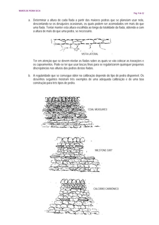 MUROS DE PEDRA SECA
                                                                                               Pág. 9 de 32


        a. Determinar a altura de cada fiada a partir das maiores pedras que se planeiam usar nela,
           descontando-se os desajustes ocasionais, os quais podem ser acomodados em mais do que
           uma fiada. Tentar manter esta altura escolhida ao longo da totalidade da fiada, obtendo-a com
           a altura de mais do que uma pedra, se necessário.




                                                    VISTA LATERAL

            Ter em atenção que se devem nivelar as fiadas sobre as quais se vão colocar as travações e
            os capeamentos. Pode-se ter que usar lascas finas para se regularizarem quaisquer pequenas
            discrepâncias nas alturas das pedras destas fiadas.

        b. A regularidade que se consegue obter na calibração depende do tipo de pedra disponível. Os
           desenhos seguintes mostram três exemplos de uma adequada calibração e de uma boa
           construção para três tipos de pedra.




                                                         ‘COAL MEASURES’




                                                               ‘MILSTONE GRIT’




                                                              CALCÁRIO CARBÓNICO
 