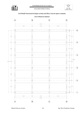 UNIVERSIDAD DE GUAYAQUIL
UNIVERSIDAD DE GUAYAQUIL
ANALISIS ESTRUCTURAL
Manuel Guevara Anzules 66 Ing. Silvio Zambrano Arteaga
6
5
4
3
2
1
A B C D
A B C D
2.6.5 Detalle Estructural de Zapata corrida como Placa o losa de espesor constante.
2.6.5.1 Planta de cimientos
 