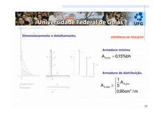 19 
CRITÉRIOS DE PROJETO 
Armadura mínima 
A 0,15%bh S,min = 
Armadura de distribuição. 
 
≥ 
 
 
1 
A 
5 
0,90cm /m 
A 
2 
S,prin 
S,dist 
Dimensionamento e detalhamento. 
 