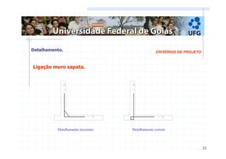 21 
CRITÉRIOS Detalhamento. DE PROJETO 
Ligação muro sapata. 
Detalhamento incorreto Detalhamento correto 
 