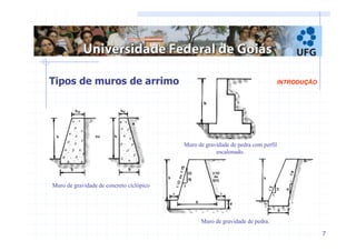 7 
Muro de gravidade de concreto ciclópico 
Muro de gravidade de pedra. 
INTRODUÇÃO 
Muro de gravidade de pedra com perfil 
escalonado. 
Tipos de muros de arrimo 
 