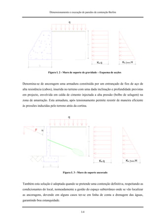 Dimensionamento e execução de paredes de contenção Berlim


                                     q




                                                             Ka.q                    Ka.γsolo.H


                    Figura I. 2 - Muro de suporte de gravidade – Esquema de acções



Denomina-se de ancoragem uma armadura constituída por um entrançado de fios de aço de
alta resistência (cabos), inserida no terreno com uma dada inclinação e profundidade previstas
em projecto, envolvida em calda de cimento injectada a alta pressão (bolbo de selagem) na
zona de amarração. Esta armadura, após tensionamento permite resistir de maneira eficiente
às pressões induzidas pelo terreno atrás da cortina.


                                     q



          F    α




                                                               Ka.q                     Ka.γsolo.H


                                Figura I. 3 - Muro de suporte ancorado



Também esta solução é adoptada quando se pretende uma contenção definitiva, respeitando as
condicionantes do local, nomeadamente a gestão do espaço subterrâneo onde se vão localizar
as ancoragens, devendo em alguns casos ter-se em linha de conta a drenagem das águas,
garantindo boa estanquidade.


                                                I-4
 