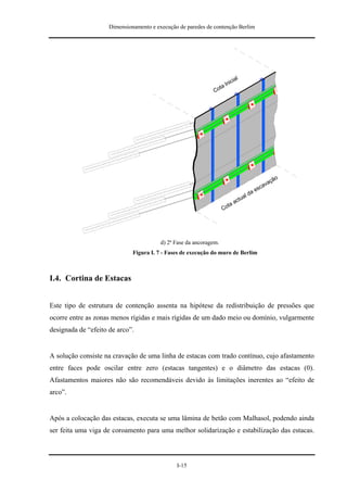 Dimensionamento e execução de paredes de contenção Berlim




                                                                               ial
                                                                        l   nic
                                                               C   ot a




                                                                                                       o
                                                                                                    çã
                                                                                                 va
                                                                                             s ca
                                                                                           ae
                                                                                  a   ld
                                                                               ctu
                                                                        t    aa
                                                                     Co




                                         d) 2ª Fase da ancoragem.
                              Figura I. 7 - Fases de execução do muro de Berlim



I.4. Cortina de Estacas


Este tipo de estrutura de contenção assenta na hipótese da redistribuição de pressões que
ocorre entre as zonas menos rígidas e mais rígidas de um dado meio ou domínio, vulgarmente
designada de “efeito de arco”.


A solução consiste na cravação de uma linha de estacas com trado contínuo, cujo afastamento
entre faces pode oscilar entre zero (estacas tangentes) e o diâmetro das estacas (0).
Afastamentos maiores não são recomendáveis devido às limitações inerentes ao “efeito de
arco”.


Após a colocação das estacas, executa se uma lâmina de betão com Malhasol, podendo ainda
ser feita uma viga de coroamento para uma melhor solidarização e estabilização das estacas.



                                               I-15
 