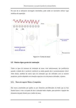 Dimensionamento e execução de paredes de contenção Berlim


No caso de se utilizarem ancoragens intermédias, pode ainda ser necessário utilizar vigas
metálicas de repartição.




                                                      Betão



        Øe       <Øe




                                                                                 Viga de coroamento
                                                                                     das estacas




     PAREDE MOLDADA
            ou
      MURO DE BERLIM

                                                                                     hencastramento

                                     Figura I. 8 - Cortina de estacas



I.5. Outros tipos gerais de contenção


Todos os tipos de estrutura de contenção de terras visto anteriormente, são justificáveis
quando o talude não é aceitável, realizável ou ainda quando não é economicamente viável.
Além destes, também há outros tipos de contenção que são utilizados com os mesmos
propósitos, porém adoptados em situações especiais e/ou são poucos utilizados, vejamos:


I.5.1. Muros de suporte Mistos e Compósitos


São muros constituídos por pedras ou por elementos pré-fabricados de betão que na face
frontal ficam à vista e na parte de trás é colocado betão simples, para permitir a ligação dos
elementos da parte frontal com o tardóz do muro.




                                               I-16
 