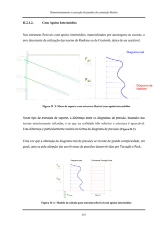 Dimensionamento e execução de paredes de contenção Berlim


II.2.1.2.      Com Apoios Intermédios


Nas estruturas flexíveis com apoios intermédios, materializados por ancoragens ou escoras, o
erro decorrente da utilização das teorias de Rankine ou de Coulomb, deixa de ser aceitável.


                                                                                           Diagrama real

                                                          Fa1




                                                          Fa2
                                                                                                  Diagrama de
                                                                                                  Rankine




               Figura II. 3- Muro de suporte com estrutura flexível com apoios intermédios



Neste tipo de estrutura de suporte, a diferença entre os diagramas de pressão, baseados nas
teorias anteriormente referidas, e os que na realidade irão solicitar a estrutura é apreciável.
Esta diferença é particularmente notória na forma do diagrama de pressões (Figura II. 3).


Uma vez que a obtenção do diagrama real de pressões se reveste de grande complexidade, em
geral, opta-se pela adopção das envolventes de pressões desenvolvidas por Terzaghi e Peck.



                                          Diagrama real         Envolvente Terzaghi Peck

                           Fa1




                           Fa2




                                    K Winkler                       Ka.γ.h



              Figura II. 4– Modelo de cálculo para estrutura flexível com apoios intermédios



                                                      II-5
 
