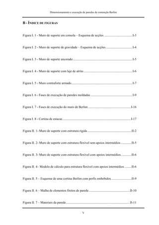 Dimensionamento e execução de paredes de contenção Berlim



B - ÍNDICE DE FIGURAS


Figura I. 1 - Muro de suporte em consola – Esquema de acções ................................... I-3


Figura I. 2 - Muro de suporte de gravidade – Esquema de acções ................................. I-4


Figura I. 3 - Muro de suporte ancorado .......................................................................... I-5


Figura I. 4 - Muro de suporte com laje de atrito............................................................. I-6


Figura I. 5 - Muro contraforte armado............................................................................ I-7


Figura I. 6 - Fases de execução de paredes moldadas .................................................... I-9


Figura I. 7 - Fases de execução do muro de Berlim ..................................................... I-16


Figura I. 8 - Cortina de estacas ..................................................................................... I-17


Figura II. 1- Muro de suporte com estrutura rígida .......................................................II-2


Figura II. 2- Muro de suporte com estrutura flexível sem apoios intermédios .............II-5


Figura II. 3- Muro de suporte com estrutura flexível com apoios intermédios .............II-6


Figura II. 4– Modelo de cálculo para estrutura flexível com apoios intermédios .........II-6


Figura II. 5 – Esquema de uma cortina Berlim com perfis embebidos .........................II-9


Figura II. 6 – Malha de elementos finitos de parede ...................................................II-10


Figura II. 7 – Materiais da parede................................................................................II-11


                                                                V
 