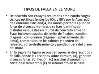 TIPOS DE FALLA EN EL MURO
• De acuerdo con ensayos realizados empleando cargas
  cíclicas estáticas (entre los 60’s y 80’s por la Asociación
  de Cementos Pórtland)4, los muros portantes pueden
  fallar de diversas maneras y se han identificado
  distintas respuestas en muros de concreto armado.
  Estas incluyen estados de límite de flexión, tracción
  diagonal, compresión diagonal (aplastamiento del
  alma), compresión en los talones y pandeo del
  refuerzo, corte-deslizamiento y pandeo fuera del plano
  del muro.
• En la siguiente figura se pueden apreciar diversos tipos
  de falla donde las acciones sobre el muro, (a), generan
  diversas fallas: (b) flexión, (c) tracción diagonal, (d)
  corte-deslizamiento y (e) deslizamiento en la base.
 
