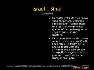 Israel - Sinaí
                                            07/08/2012

                                                       • La construcción de esta nueva
                                                         valla hormonada, comenzó
                                                         hace dos años cuando Israel
                                                         sólo tenía en mente evitar
                                                         que se infiltraran inmigrantes
                                                         ilegales por la porosa
                                                         frontera.
                                                       • La inmensa mayoría de los que
                                                         se atreven a cruzar los 60 mil
                                                         kilómetros cuadrados de la
                                                         península del Sinaí son
                                                         africanos que o bien buscan
                                                         asilo político huyendo de las
                                                         guerras o posibilidades de
                                                         trabajar en el país.

http://www.abc.es/20120807/internacional/abci-muro-israel-sinai-acalera-201208061749.html
 