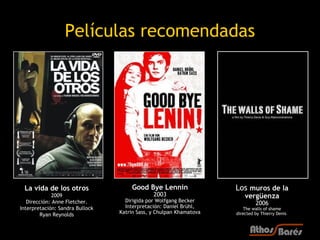 Películas recomendadas




 La vida de los otros                Good Bye Lennin                Los muros de la
              2009                            2003                      vergüenza
   Dirección: Anne Fletcher.       Dirigida por Wolfgang Becker
                                   Interpretación: Daniel Brühl,
                                                                             2006
Interpretación: Sandra Bullock                                          The walls of shame
        Ryan Reynolds            Katrin Sass, y Chulpan Khamatova   directed by Thierry Denis
 