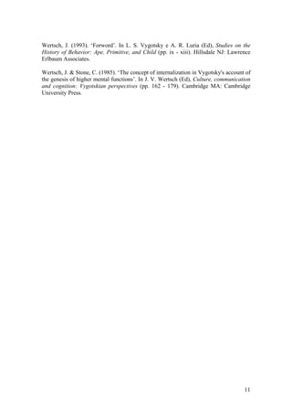 11
Wertsch, J. (1993). ‘Forword’. In L. S. Vygotsky e A. R. Luria (Ed), Studies on the
History of Behavior: Ape, Primitive, and Child (pp. ix - xiii). Hillsdale NJ: Lawrence
Erlbaum Associates.
Wertsch, J. & Stone, C. (1985). ‘The concept of internalization in Vygotsky's account of
the genesis of higher mental functions’. In J. V. Wertsch (Ed), Culture, communication
and cognition: Vygotskian perspectives (pp. 162 - 179). Cambridge MA: Cambridge
University Press.
 
