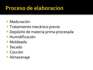 Maduración Tratamiento mecánico previo Depósito de materia prima procesada Humidificación Moldeado Secado Cocción Almacenaje 