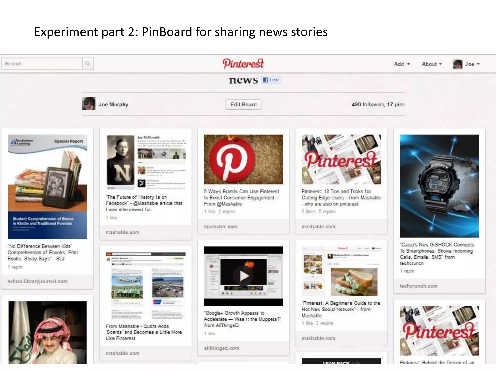 Experiment part 2: PinBoard for sharing news stories
 